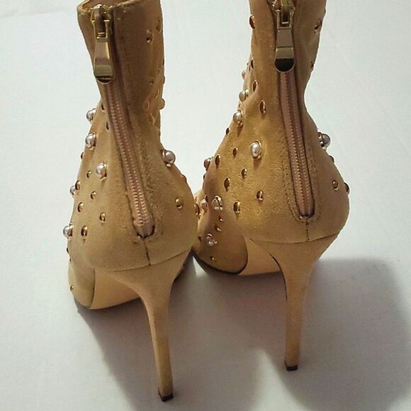 ShuShop Boho Neutral Pearl Beaded Open Toe Funky High Heel Booties Party - Picture 3 of 9